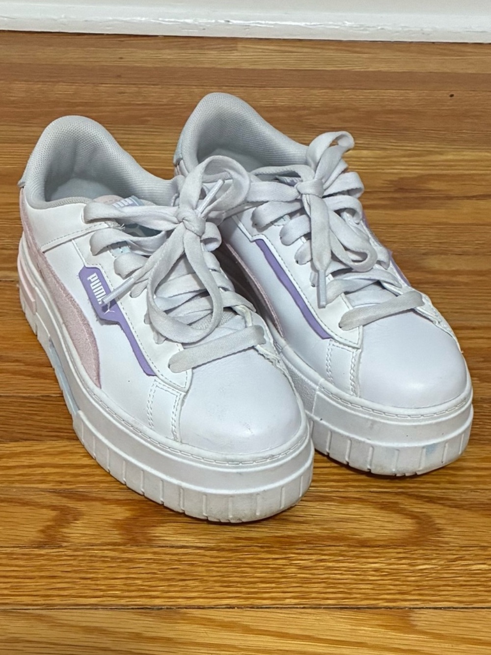 Puma White Platform Sneakers with Lilac and Soft Pink Accents Size 7.5